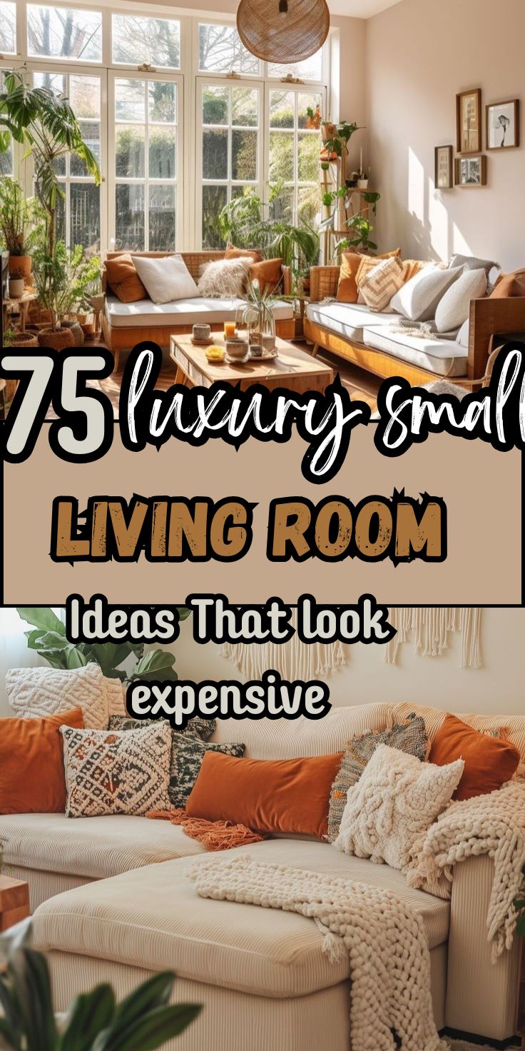Luxury small living room with a cream sofa, layered lighting, warm neutral décor, and elegant designer styling that looks expensive.