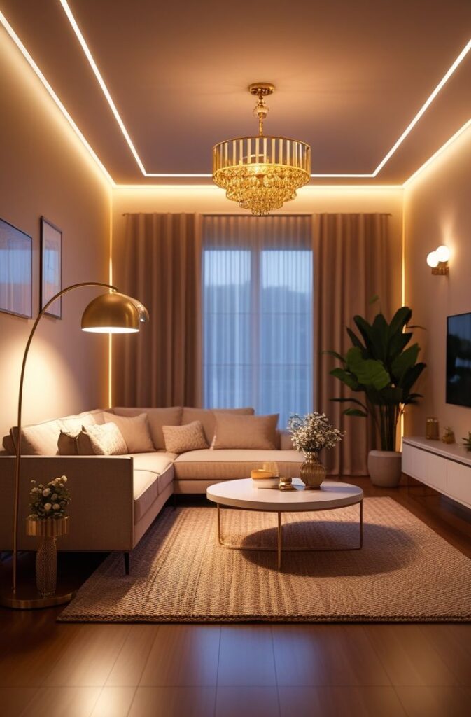 Luxury small living room with a chandelier, wall sconces, table lamp, and floor lamp creating warm layered lighting.