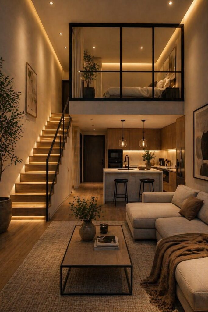small living room layout with a compact architecture