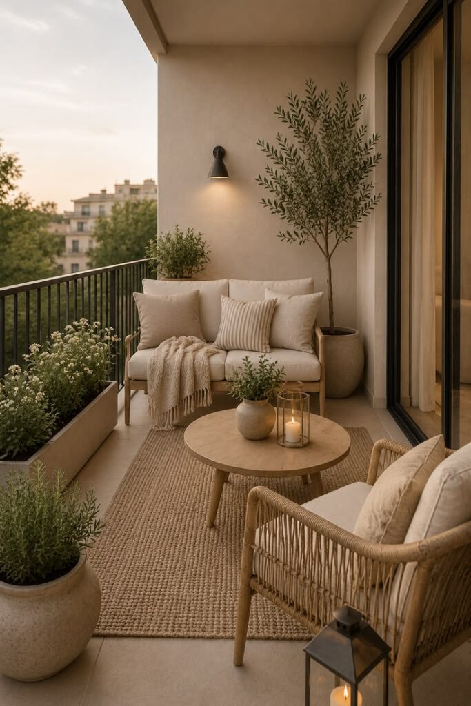 a cream like sofa on a balcony 