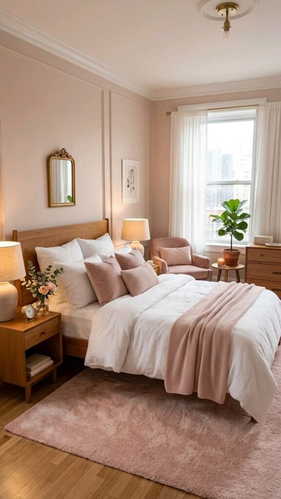 Small bedroom color scheme featuring blush beige walls, walnut furniture, and crisp white bedding.