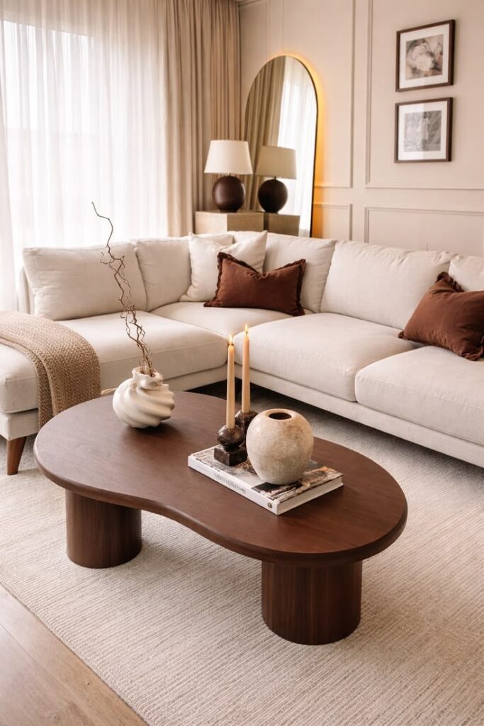 luxury small living room with a styled coffee table