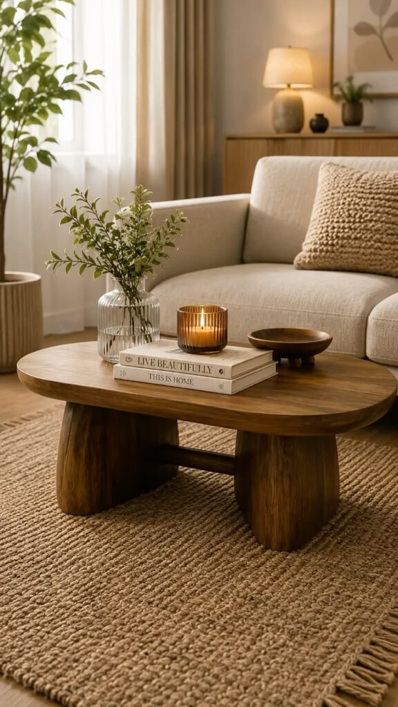 coffee table styed with books and other decorativve objects