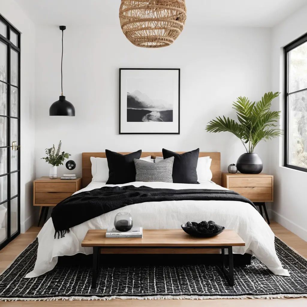 Modern bedroom featuring white walls, black accents, and warm oak furniture.