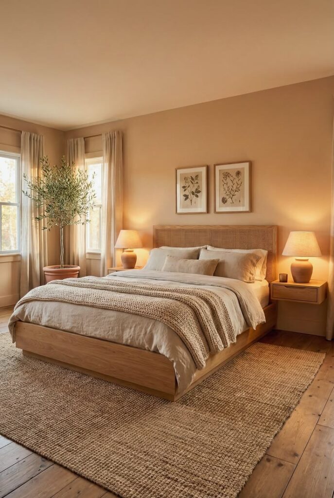 Elegant bedroom featuring camel accents, ivory bedding, and layered neutral décor.
