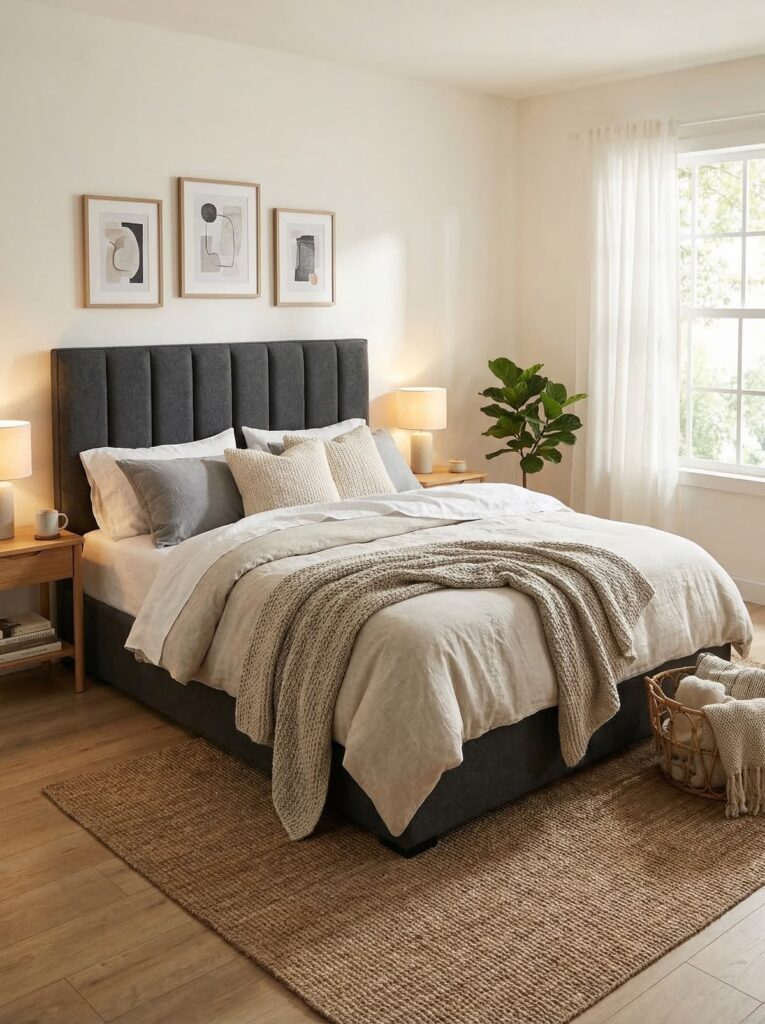 Luxury bedroom with charcoal bed frame, cream bedding, warm lighting, and black accent