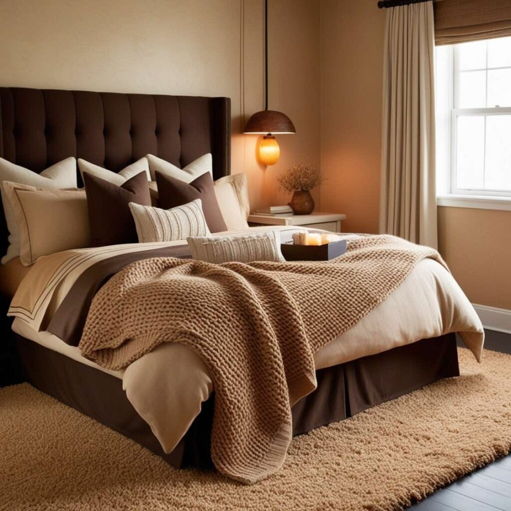 Elegant bedroom with chocolate brown walls, ivory bedding, walnut furniture, and warm lighting.