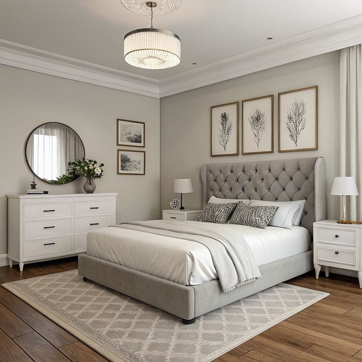 Luxury bedroom decorated with cream walls, light gray bedding,