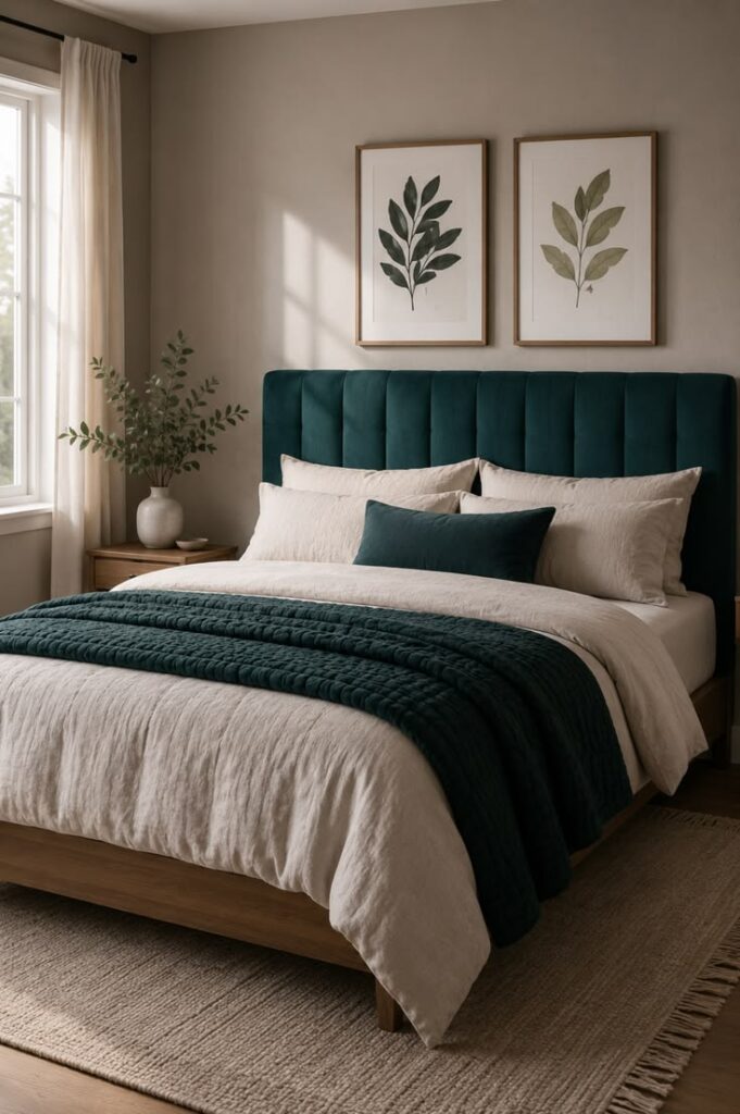 small bedroom color scheme with Luxury bedroom with a soft beige accent wall, and deep teal bedding,