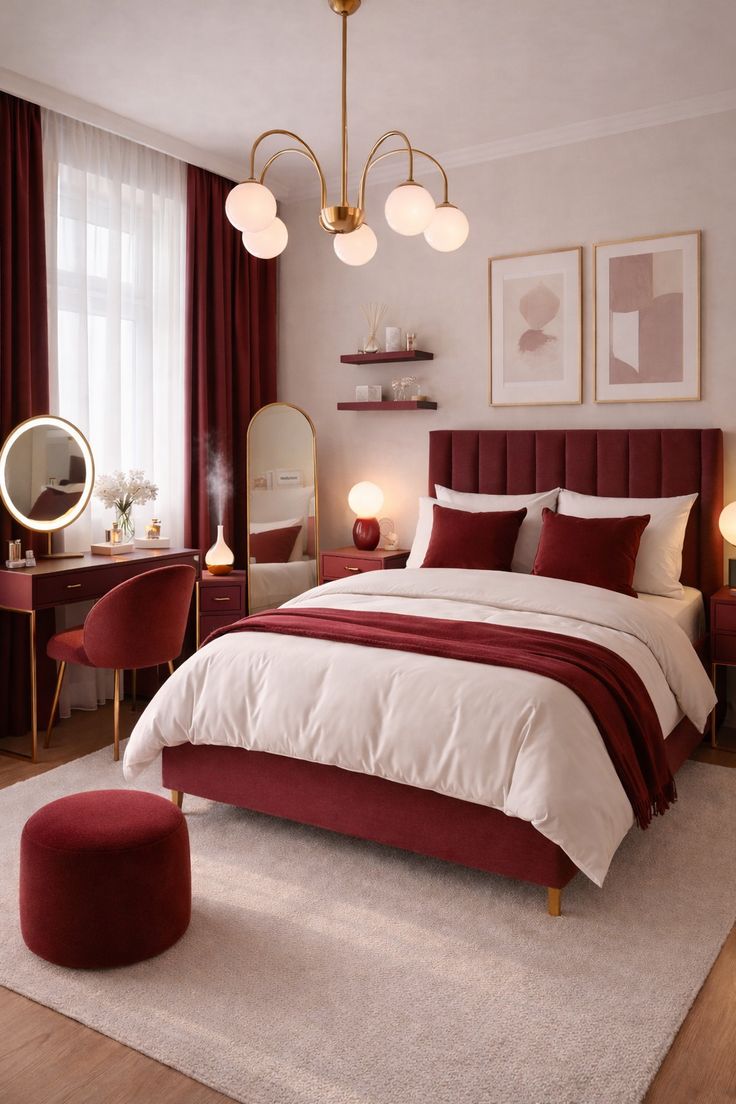 small bedroom featuring elegant burgundy and white bedding and warm beige walls