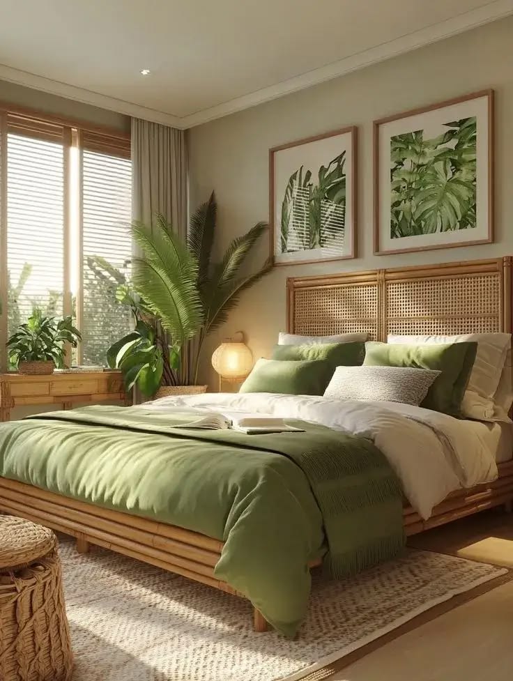 Luxury bedroom with forest green walls, walnut furniture, cream bedding,