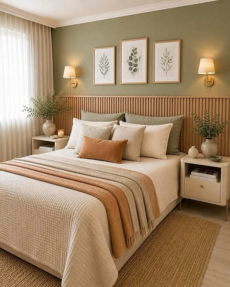 Modern bedroom with greige walls, oak furniture, cream bedding,