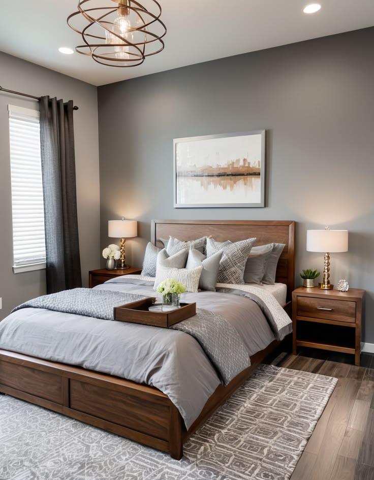 Small bedroom with soft gray walls, walnut furniture, white bedding, and layered textures.