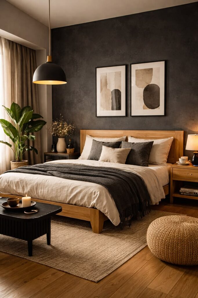 Modern luxury bedroom with a matte black accent wall, oak furniture, and cream bedding