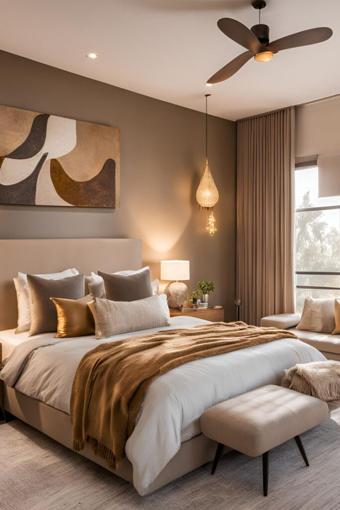 Luxury bedroom featuring mushroom brown walls, cream bedding, linen curtains, and oak furniture.