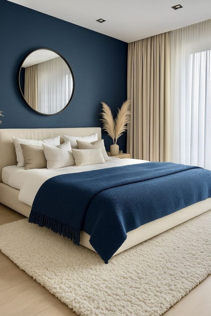 Small bedroom with a navy blue accent wall, warm white bedding, and decorative accents