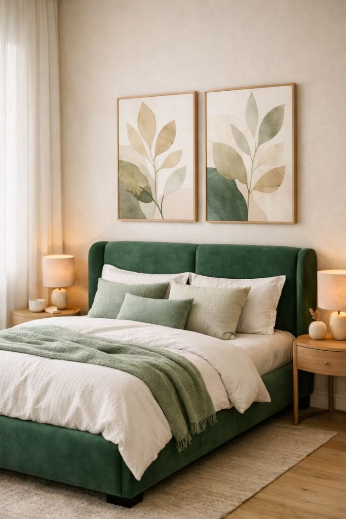 Luxury bedroom decorated with olive green walls, walnut furniture, cream bedding, and woven textures.