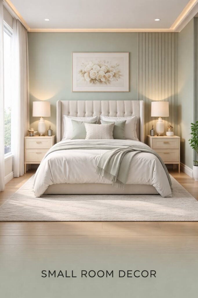bedroom with pale sage walls, warm white bedding, and indoor plants.
