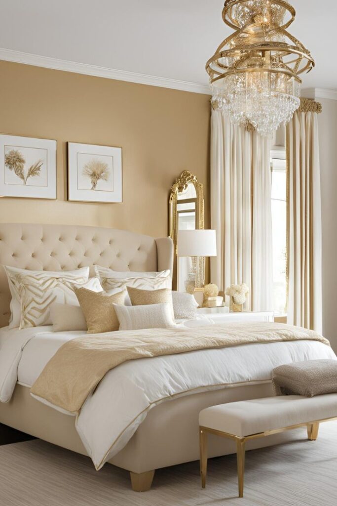 Elegant bedroom featuring pearl white walls, champagne gold lighting, and luxurious neutral décor.