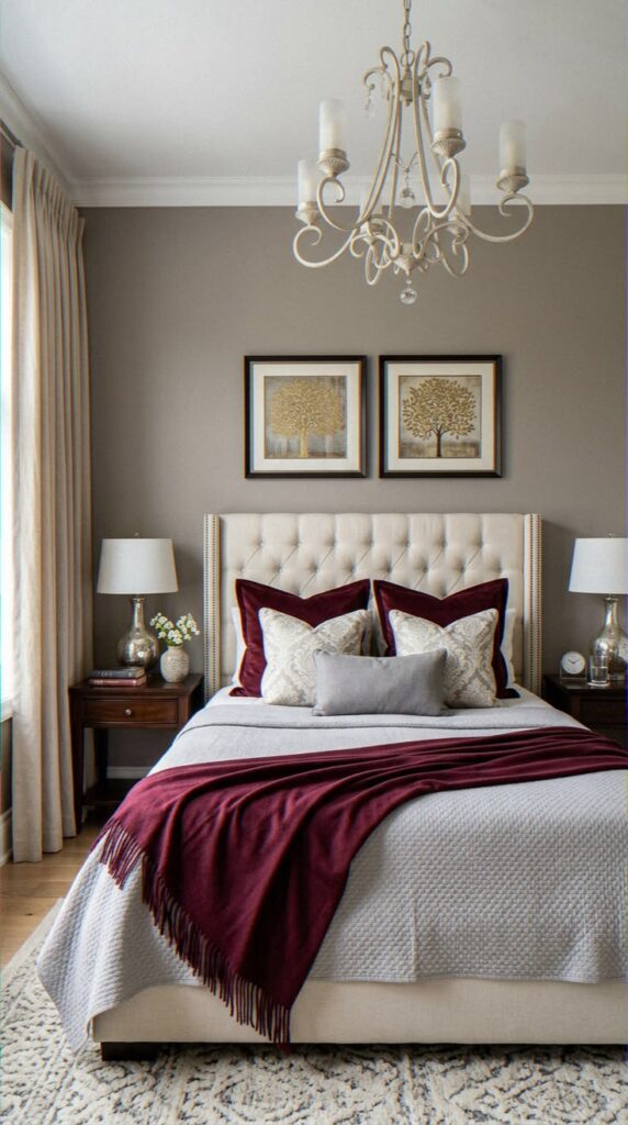 small bedroom color scheme with burgundy accents, beige walls, brass lighting, and dark wood furniture.
