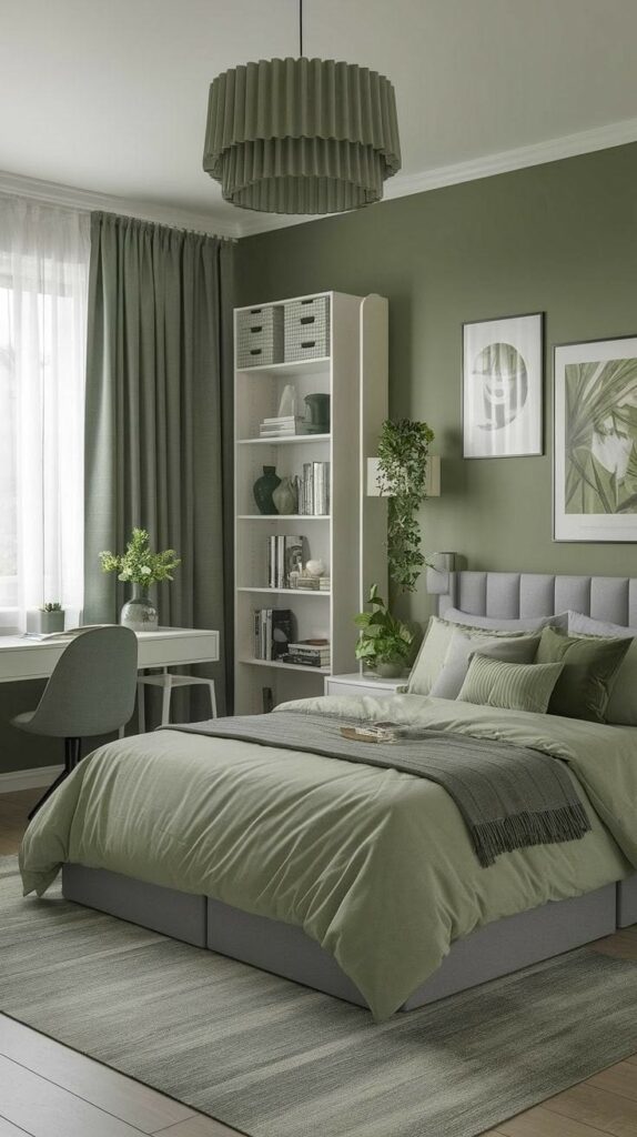 bedroom featuring sage green walls, ivory bedding, woven textures, and indoor plants