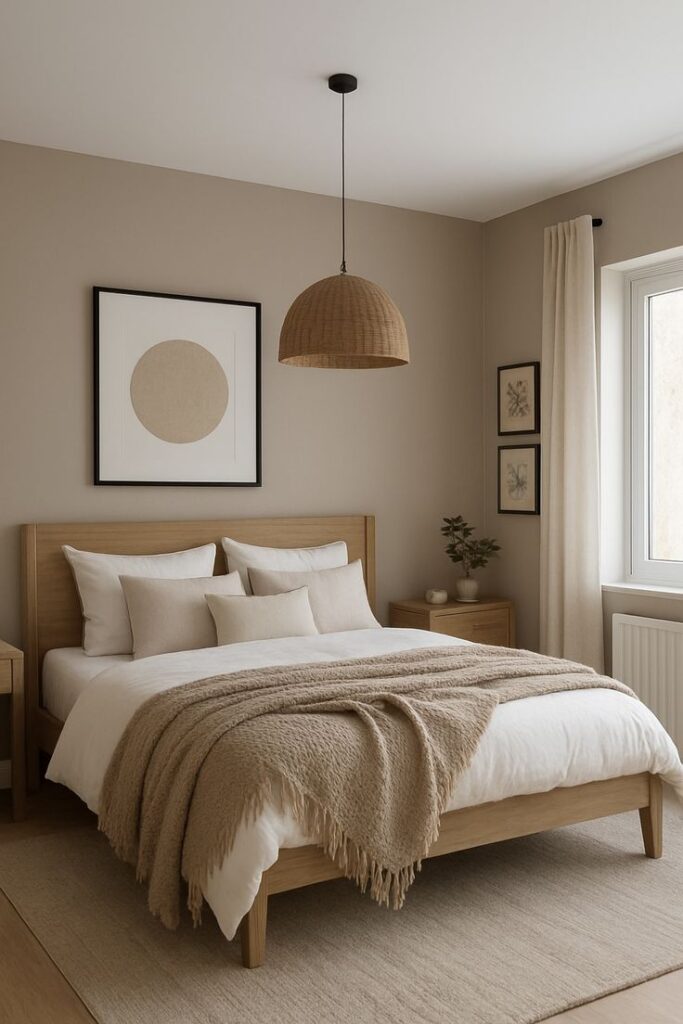 Bright bedroom with sand beige walls, white bedding, woven lighting, and coastal-inspired décor.