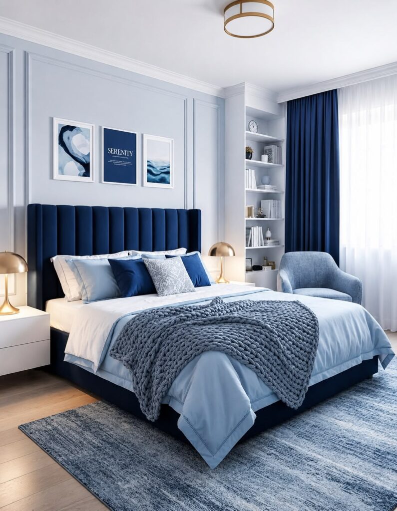 small bedroom color scheme decorated with slate blue walls, soft white bedding,