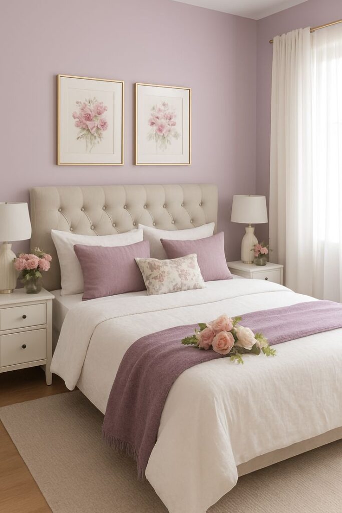 Small bedroom with muted lavender walls, warm white bedding, and natural oak furniture.