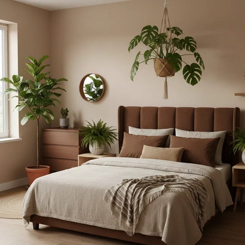 small bedroom color scheme with soft mocha walls, cream bedding, brass lighting, and light wood furniture.