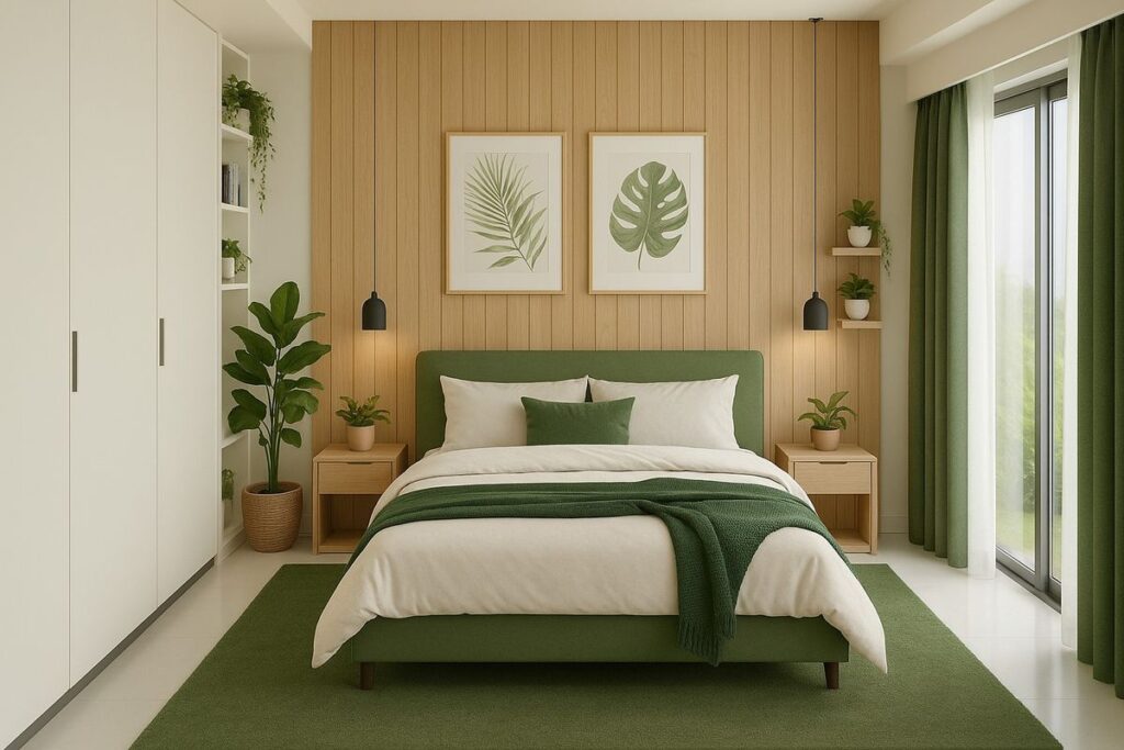 Bedroom decorated with olive green walls, warm beige bedding, and natural wood furniture.