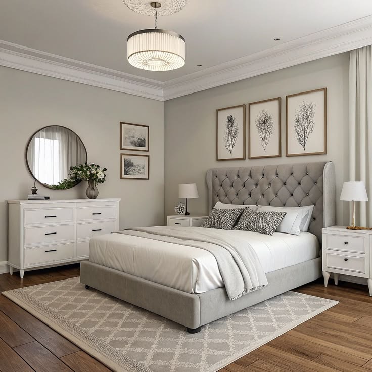 small bedroom color scheme with stone gray walls, white bedding, and Scandinavian-inspired furniture