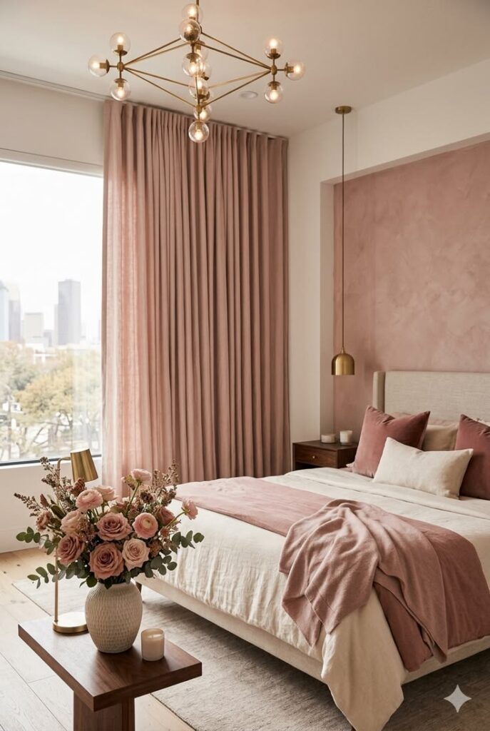 Elegant bedroom featuring taupe walls, dusty rose bedding, and soft neutral décor.