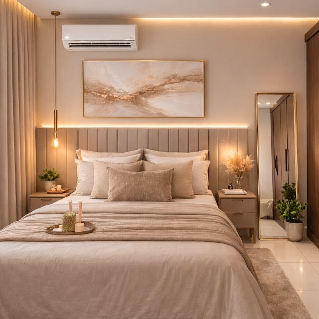 Elegant bedroom decorated with taupe walls, crisp white bedding, and brushed décor.