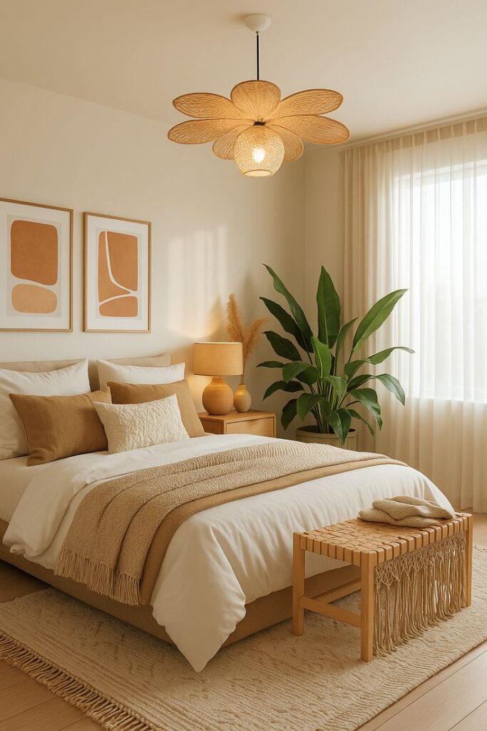 Luxury bedroom decorated with terracotta walls, cream bedding, woven décor, and rustic wood furniture.