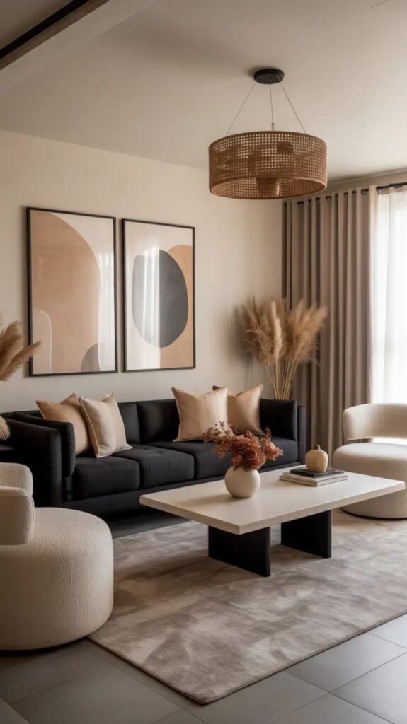Modern bedroom featuring warm taupe walls, matte black fixtures, and light wood furniture.