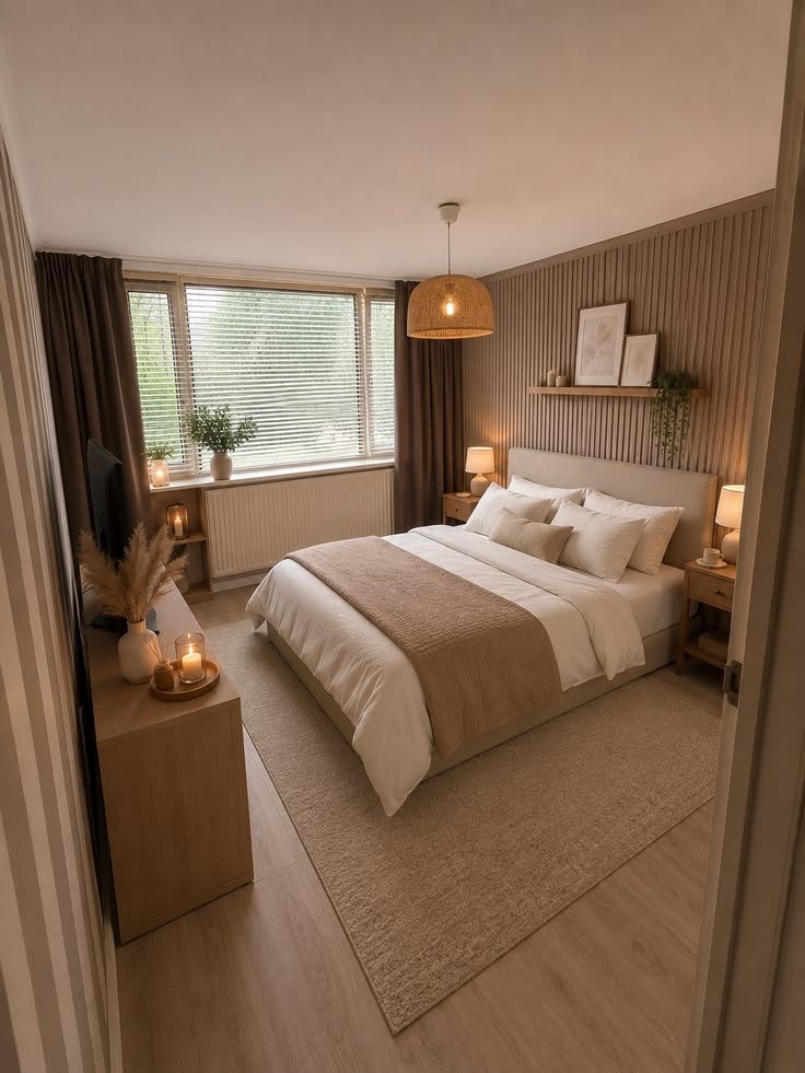 Minimalist bedroom color scheme with stone gray walls, white bedding, and brass light