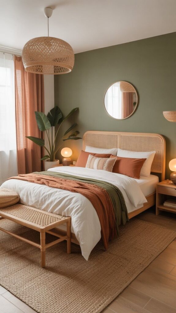 small bedroom color scheme with warm green walls,warrm sand bedding, and natural woven décor.