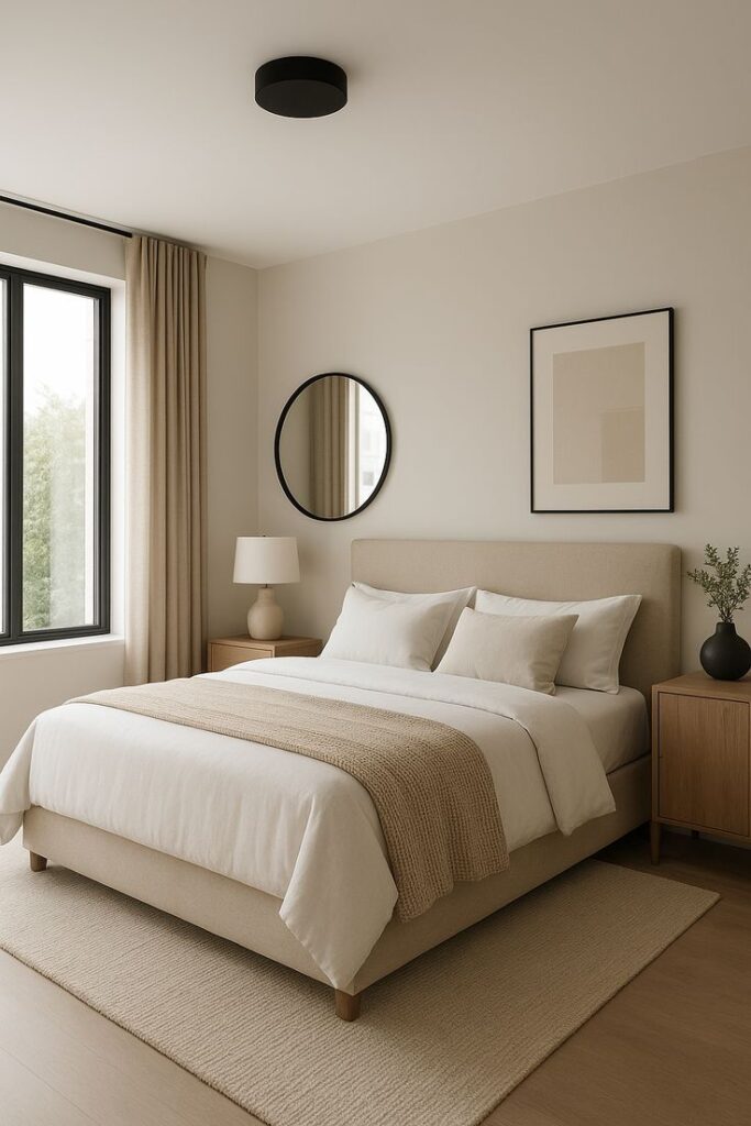 Modern bedroom with greige walls, oak furniture, cream bedding, and black accent lighting.