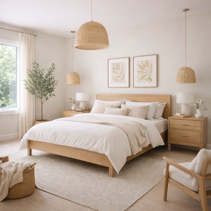 small bedroom color scheme featuring warm white walls, honey oak furniture, and textured neutral bedding.