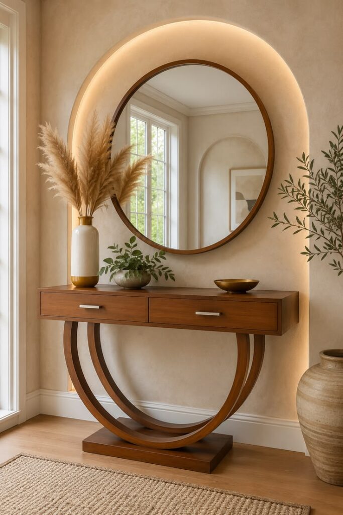a slim console table styled with mirror a vase and decorative accessories.