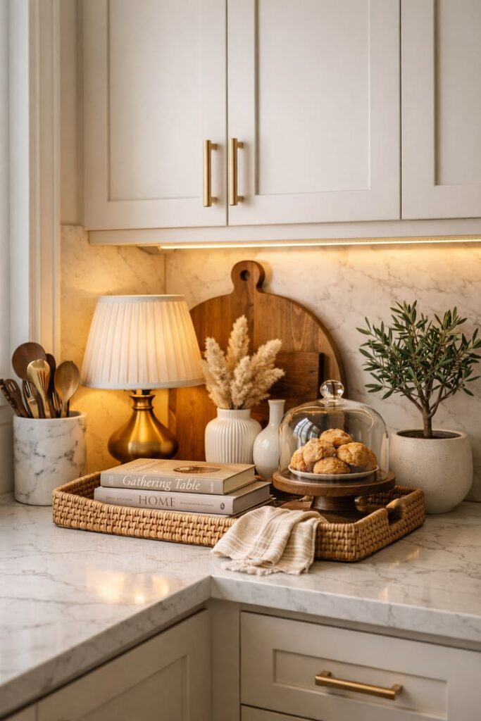Luxury kitchen beautifully decorated with elegant countertop styling, warm lighting, natural textures, and timeless accessories.