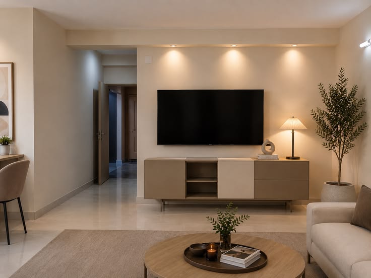 a modern living room with a spacious pathway