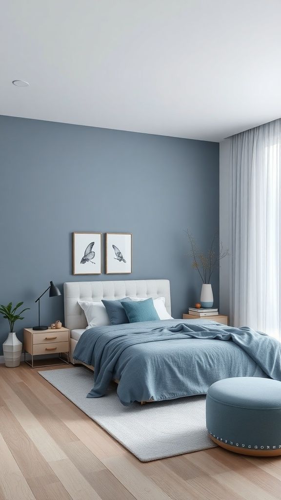 Small bedroom with dusty blue walls, white bedding, and elegant silver accents.