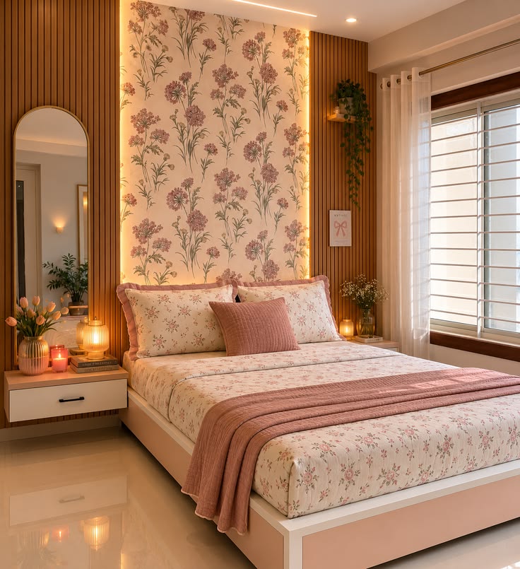 Elegant apartment bedroom with a removable feature wall behind the bed.