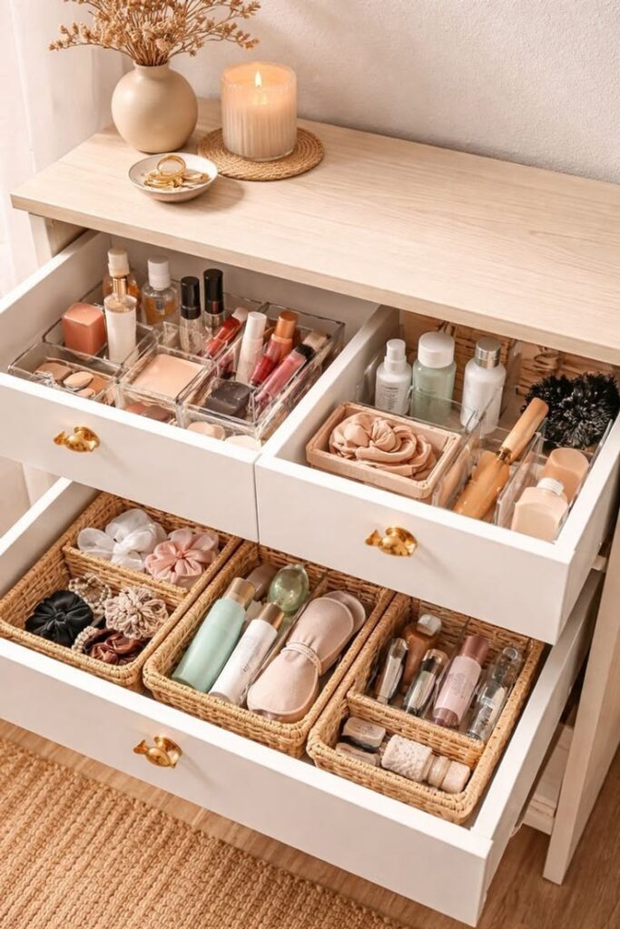 Bedroom nightstand with concealed storage keeping everyday essentials neatly organized.