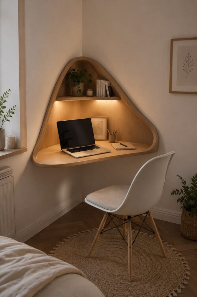 Small apartment bedroom featuring a compact workspace with a floating desk and modern chair.
