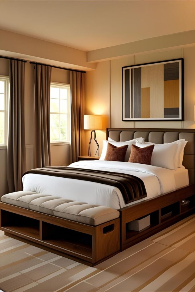Luxury hotel-style bed with layered bedding, plush pillows, and a soft throw in a stylish apartment bedroom.