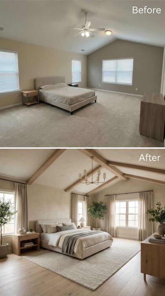 Apartment bedroom with upgraded light fixtures, modern hardware, and decorative wall trim for an elegant look.