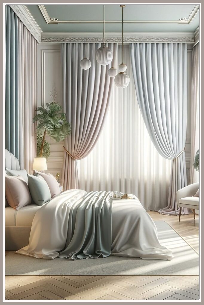 Floor-to-ceiling linen curtains creating the illusion of taller windows in a compact apartment bedroom.