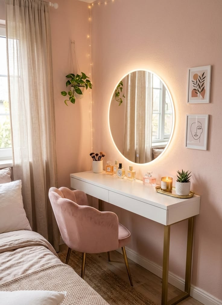 ompact apartment bedroom vanity with an elegant mirror, upholstered stool, and decorative accessories.